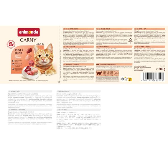 animonda Carny Adult Rind + Huhn (6 x 800 g), Katzennassfutter für ausgewachsene Katzen, Nassfutter mit 100 % frischen, fleischlichen Zutaten, Katzenfutter ohne Getreide und Zucker