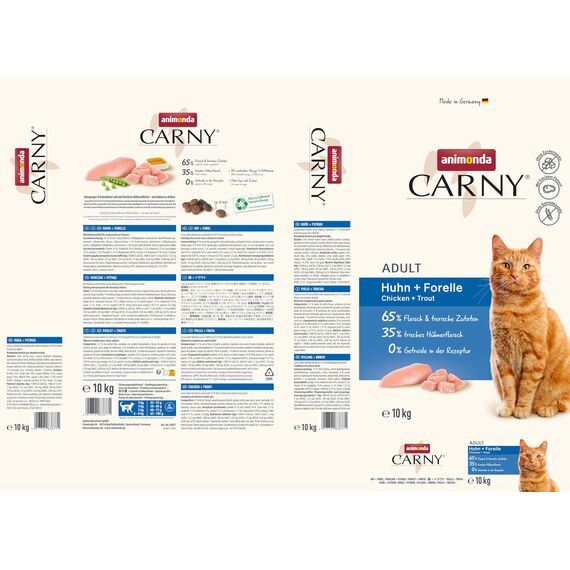 animonda Carny Adult Huhn + Forelle (10 kg), Adult Trockenfutter für ausgewachsene Katzen, Katzenfutter ohne Getreide und Zucker, Katzentrockenfutter mit 65 % Fleisch und Fisch
