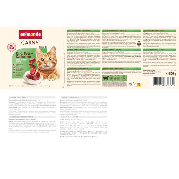 animonda Carny Katzen Nassfutter Rind + Pute + Kaninchen (6 x 800g), getreidefreies Katzen Nassfutter ohne Zucker, mit frischen fleischigen Zutaten