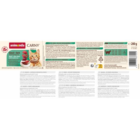 animonda Carny Katzen Nassfutter Rind + Reh mit Preiselbeeren (6 x 200g), getreidefreies Katzen Nassfutter ohne Zucker, mit frischen fleischigen Zutaten