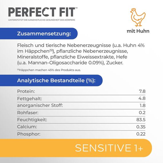 Perfect Fit Sensitive 1+ Katzennassfutter mit Huhn in Sauce, 12 Portionsbeutel, 12x85g – Premium Katzenfutter nass, für sensible Katzen ab 1 Jahr, ohne Weizen & Soja, zur Unterstützung der Verdauung