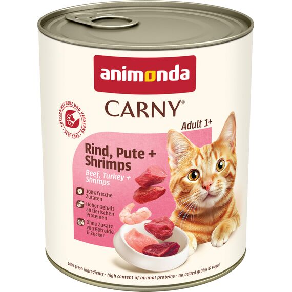 animonda Carny Katzen Nassfutter Rind + Pute + Shrimps (6 x 800g), getreidefreies Katzen Nassfutter ohne Zucker, mit frischen fleischigen Zutaten