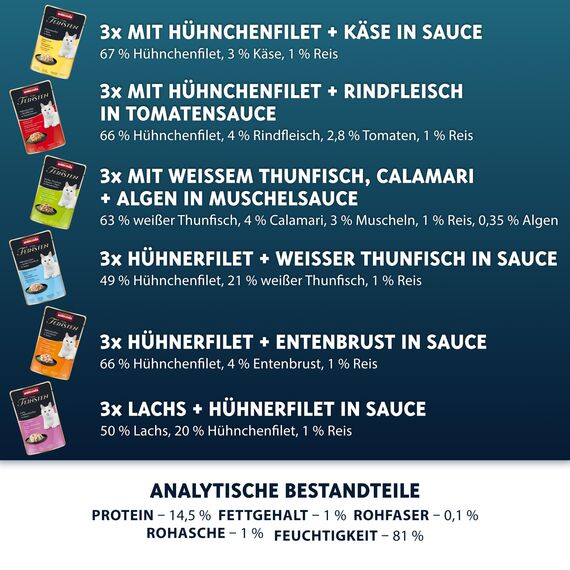 animonda Vom Feinsten Adult Filet Kreationen (18 x 50 g), Nassfutter für ausgewachsene Katzen, Katzenfutter mit Filets in delikater Sauce, Katzennassfutter ohne Getreide und Zucker