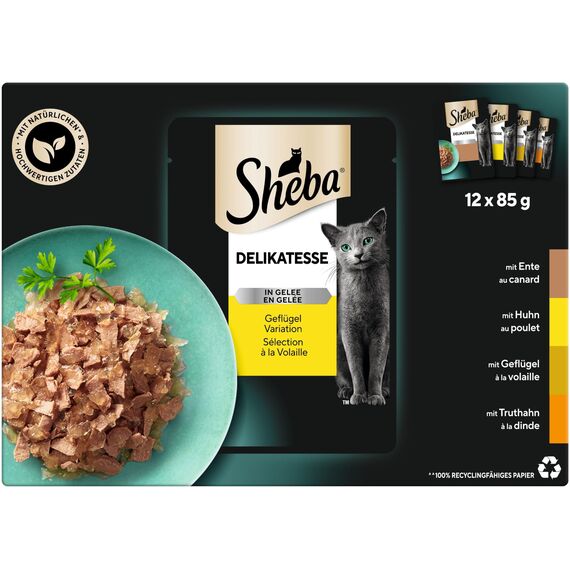 SHEBA Katzenfutter nass - 48x85g Portionsbeutel - Geflügel Variation in Gelee - Nassfutter für Katzen - 1 Großpackung