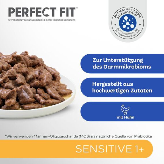 Perfect Fit Sensitive 1+ Katzennassfutter mit Huhn in Sauce, 12 Portionsbeutel, 12x85g – Premium Katzenfutter nass, für sensible Katzen ab 1 Jahr, ohne Weizen & Soja, zur Unterstützung der Verdauung
