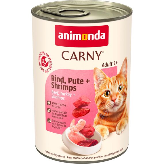 animonda Carny Katzen Nassfutter Rind + Pute + Shrimps (6 x 400g), getreidefreies Katzen Nassfutter ohne Zucker, mit frischen fleischigen Zutaten