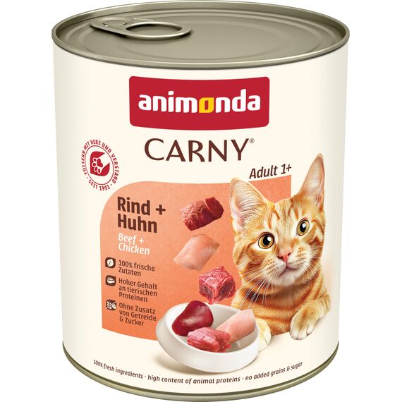 animonda Carny Adult Rind + Huhn (6 x 800 g), Katzennassfutter für ausgewachsene Katzen, Nassfutter mit 100 % frischen, fleischlichen Zutaten, Katzenfutter ohne Getreide und Zucker