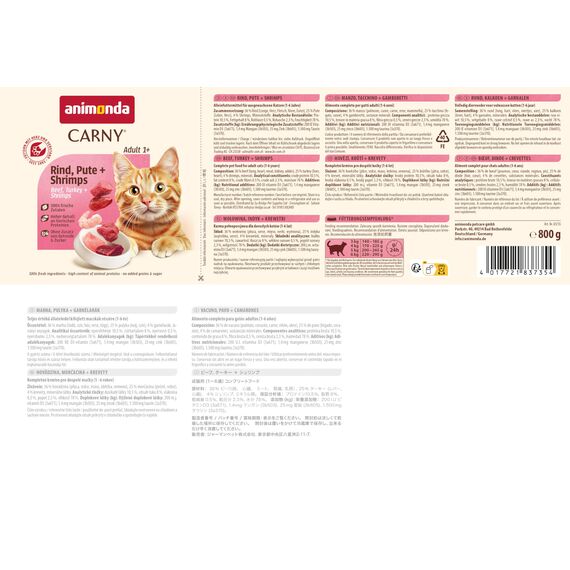 animonda Carny Katzen Nassfutter Rind + Pute + Shrimps (6 x 800g), getreidefreies Katzen Nassfutter ohne Zucker, mit frischen fleischigen Zutaten
