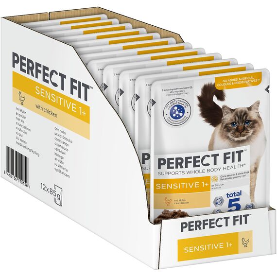 Perfect Fit Sensitive 1+ Katzennassfutter mit Huhn in Sauce, 12 Portionsbeutel, 12x85g – Premium Katzenfutter nass, für sensible Katzen ab 1 Jahr, ohne Weizen & Soja, zur Unterstützung der Verdauung