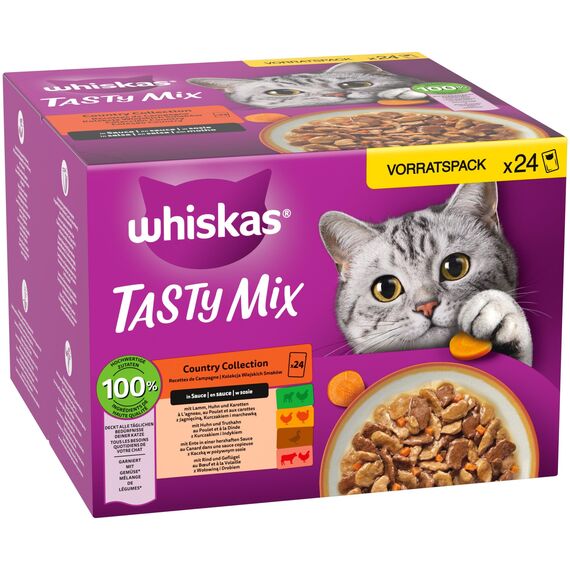 Whiskas 1+ Katzenfutter Tasty Mix Country Collection in Sauce, 24x85g (2 Packungen) – Hochwertiges Nassfutter für ausgewachsene Katzen in 48 Portionsbeuteln