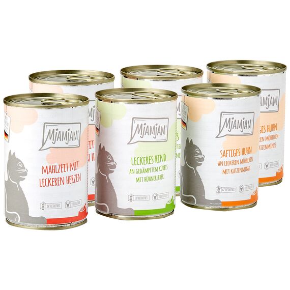 MjAMjAM - Premium Nassfutter für Katzen - Mixpaket I - Huhn, Rind, Herzen, 6er Pack (6 x 400 g), getreidefrei mit extra viel Fleisch