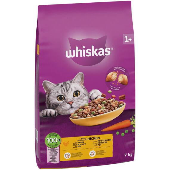 WHISKAS Trockenfutter für ausgewachsene Katzen 7kg mit Huhn