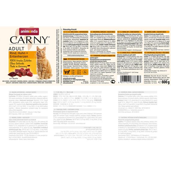 animonda Carny Katzen Nassfutter Rind + Huhn + Entenherzen (6 x 800g), getreidefreies Katzen Nassfutter ohne Zucker, mit frischen fleischigen Zutaten