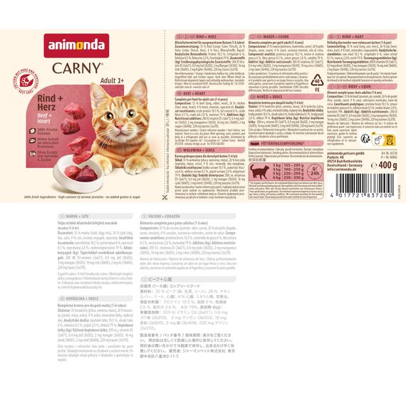 animonda Carny Katzen Nassfutter Rind + Herz (6 x 400g), getreidefreies Katzen Nassfutter ohne Zucker, mit frischen fleischigen Zutaten