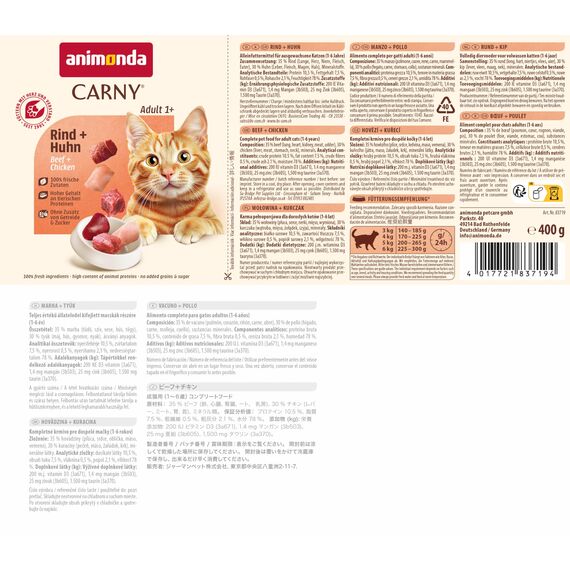 animonda Carny Katzen Nassfutter Rind + Huhn (6 x 400g), getreidefreies Katzen Nassfutter ohne Zucker, mit frischen fleischigen Zutaten