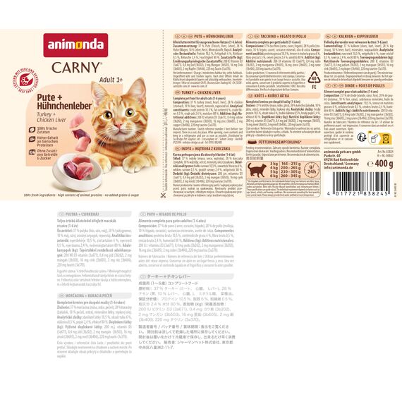 animonda Carny Katzen Nassfutter Pute + Hühnchenleber (6 x 400g), getreidefreies Katzen Nassfutter ohne Zucker, mit frischen fleischigen Zutaten