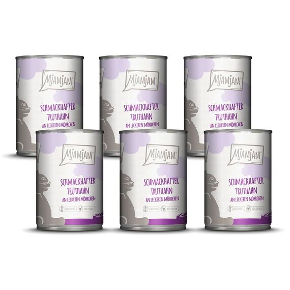 MjAMjAM - Premium Nassfutter für Katzen - schmackhafter Truthahn an leckeren Möhrchen, 6er Pack (6 x 400 g), getreidefrei mit extra viel Fleisch
