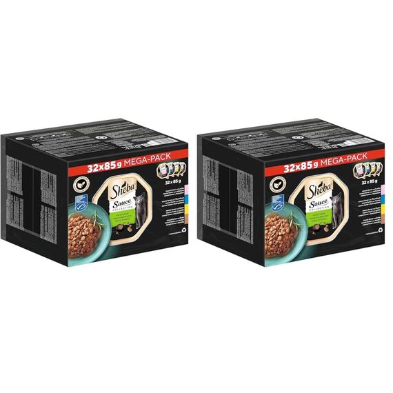 SHEBA Schale Nassfutter Multipack Mega-Pack Sauce Collection Feine Vielfalt MSC-Zertifiziert 32 x 85g (Packung mit 2)
