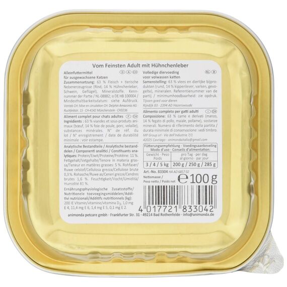 animonda vom Feinsten Katzenfutter nass mit Huhn + Meeresfrüchten (32 x 100g), getreidefreies Katzenfutter nass ohne Zucker, mit frischen, fleischigen Zutaten