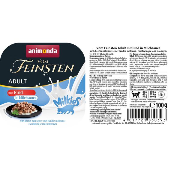 animonda vom Feinsten Katzenfutter nass Milkies mit Rind in Milchsauce (32 x 100g), getreidefreies Katzen Nassfutter ohne Zucker, mit frischen, fleischigen Zutaten