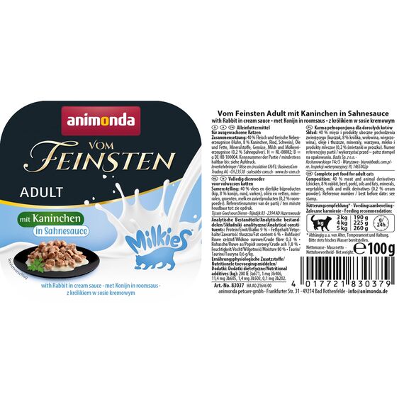 animonda vom Feinsten Katzenfutter nass Milkies Kaninchen in Sahnesauce (32 x 100g), getreidefreies Katzen Nassfutter ohne Zucker, mit frischen, fleischigen Zutaten