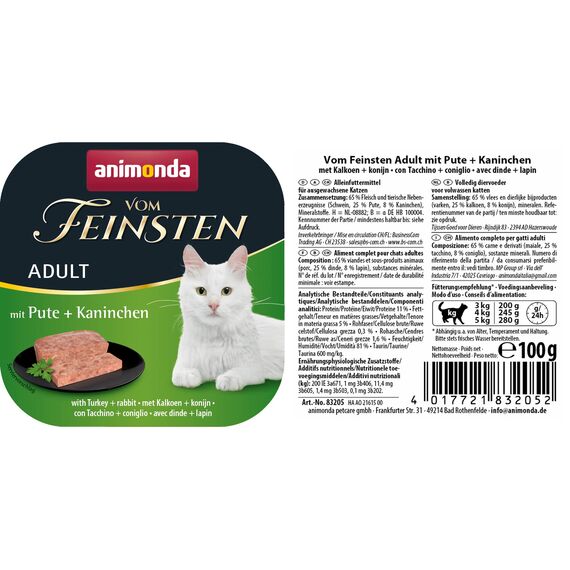 animonda vom Feinsten Katzenfutter nass mit turkey + rabbit (32 x 100g), getreidefreies Katzenfutter nass ohne Zucker, mit frischen, fleischigen Zutaten