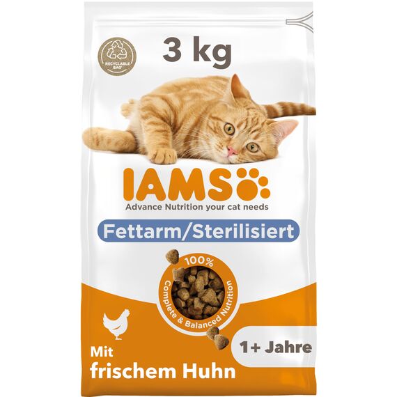 IAMS Sterilised Katzenfutter trocken mit Huhn - Trockenfutter für sterilisierte / kastrierte Katzen ab 1 Jahr, 3 kg