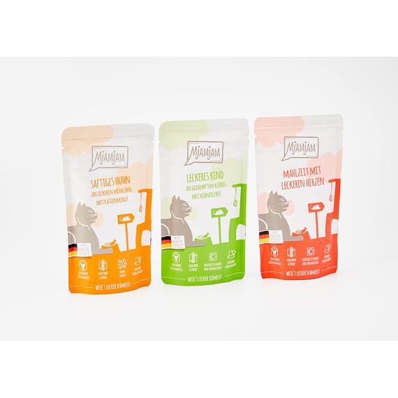 MjAMjAM - Premium Nassfutter für Katzen - Mixpaket I - Huhn, Rind, Herzen, 12er Pack (12 x 125 g), getreidefrei mit extra viel Fleisch