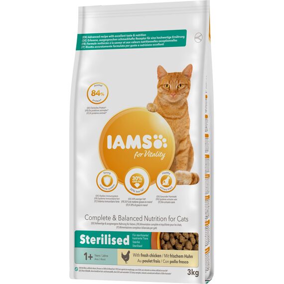 IAMS Sterilised Katzenfutter trocken mit Huhn - Trockenfutter für sterilisierte / kastrierte Katzen ab 1 Jahr, 3 kg