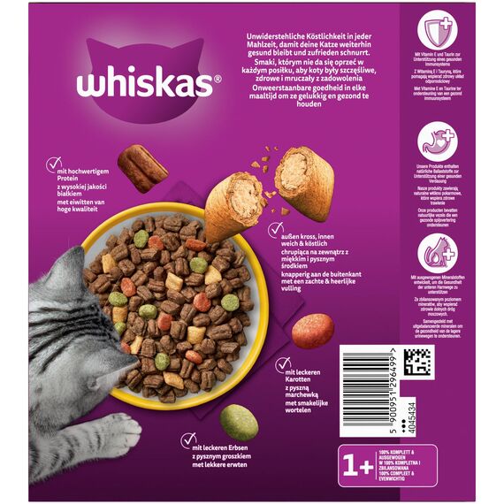 WHISKAS Trockenfutter für ausgewachsene Katzen 5 x 800g mit Huhn