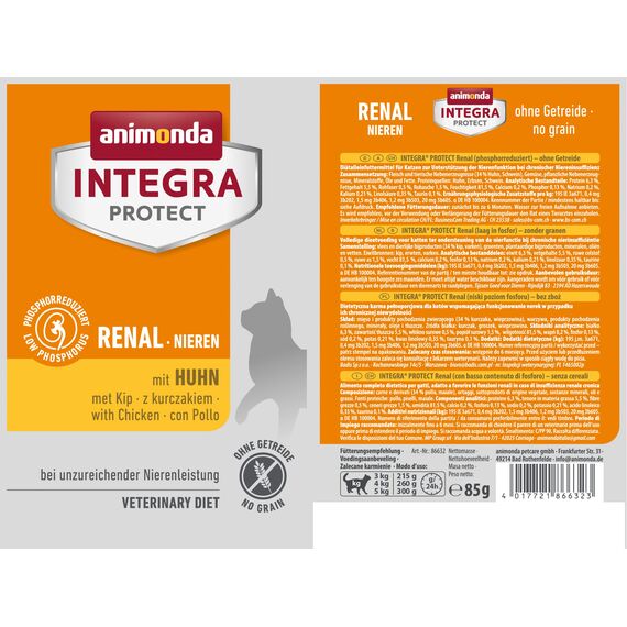 animonda INTEGRA PROTECT Katzenfutter nass Renal (Niere) mit Huhn (24 x 85g), vom Tierarzt empfohlen bei Niereninsuffizienz, mit Veterinären entwickeltes Diätalleinfutter für erwachsene Katzen