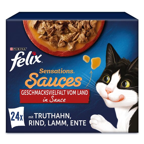 Felix Sensations Saucen Katzenfutter nass, Sorten-Mix, 4er Pack (4 x 24 Beutel à 85g)