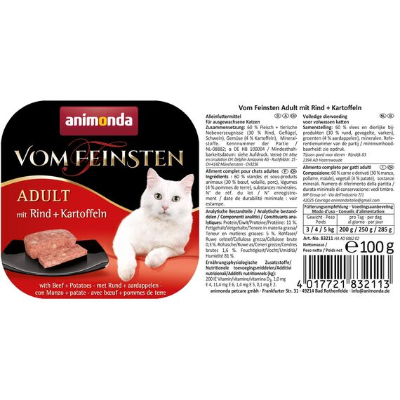 animonda vom Feinsten Katzenfutter nass mit Rind + Kartoffeln (6 x 100g), getreidefreies Katzenfutter nass ohne Zucker, mit frischen, fleischigen Zutaten