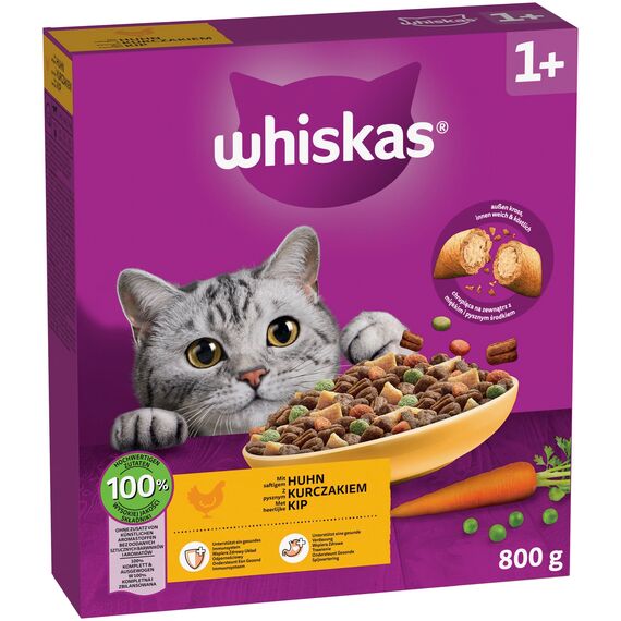 WHISKAS Trockenfutter für ausgewachsene Katzen 5 x 800g mit Huhn