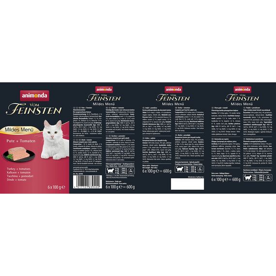 animonda vom Feinsten Katzenfutter nass mildes Menü, Pute + Tomate (6 x 100g), getreidefreies Katzenfutter nass ohne Zucker, mit frischen, fleischigen Zutaten