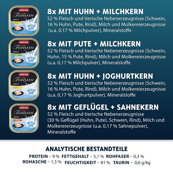 animonda Vom Feinsten Adult Feinschmecker Milchkern-Variation (32 x 100 g), Nassfutter für ausgewachsene Katzen, Katzenfutter ohne Getreide und Zucker, mit Kern aus Milch, Joghurt & Sahne
