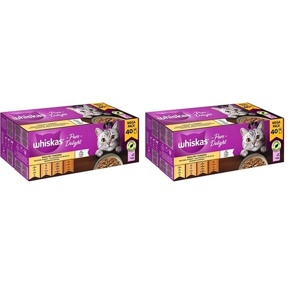 Whiskas 1+ Katzennassfutter Ragout Geflügel Auswahl in Gelee, 40x85g (1 Packung) – Hochwertiges Nassfutter für ausgewachsene Katzen in 40 Portionsbeuteln (Packung mit 2)