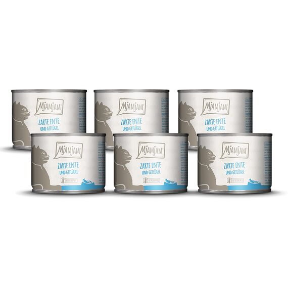 MjAMjAM - Premium Nassfutter für Katzen - zarte Ente & Geflügel an leckeren Möhrchen, 6er Pack (6 x 200 g), getreidefrei mit extra viel Fleisch