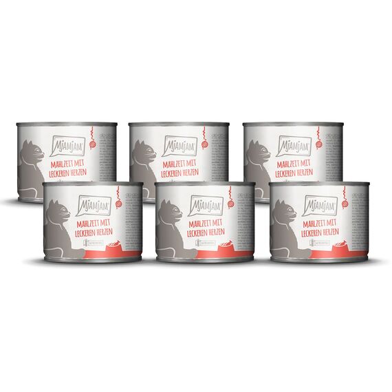 MjAMjAM - Premium Nassfutter für Katzen - Mahlzeit mit leckeren Herzen, 6er Pack (6 x 200 g), getreidefrei mit extra viel Fleisch