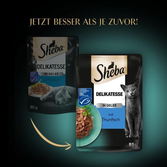 SHEBA Portionsbeutel Nassfutter für Katzen Delikatesse in Gelee mit Thunfisch MSC-Zertifiziert 28 x 85g