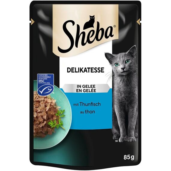 SHEBA Portionsbeutel Nassfutter für Katzen Delikatesse in Gelee mit Thunfisch MSC-Zertifiziert 28 x 85g