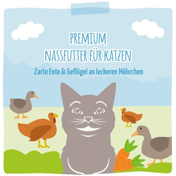 MjAMjAM - Premium Nassfutter für Katzen - Quetschie - zarte Ente & Geflügel an leckeren Möhrchen, 6er Pack (6 x 300 g), getreidefrei mit extra viel Fleisch
