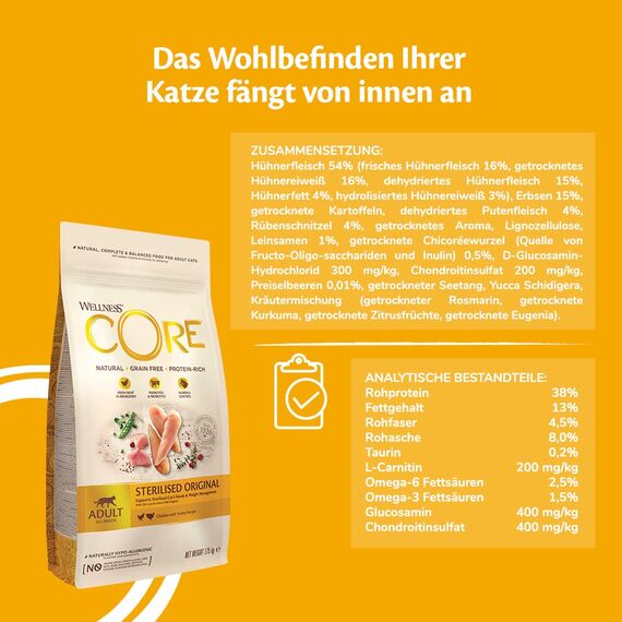 Wellness CORE Sterilised Original 4 kg, Huhn & Truthahn – Katzenfutter Trocken für sterilisierte Katzen, getreidefrei, natürlich, hypoallergen, proteinreich, für eine gesunde Gewichtsregulierung