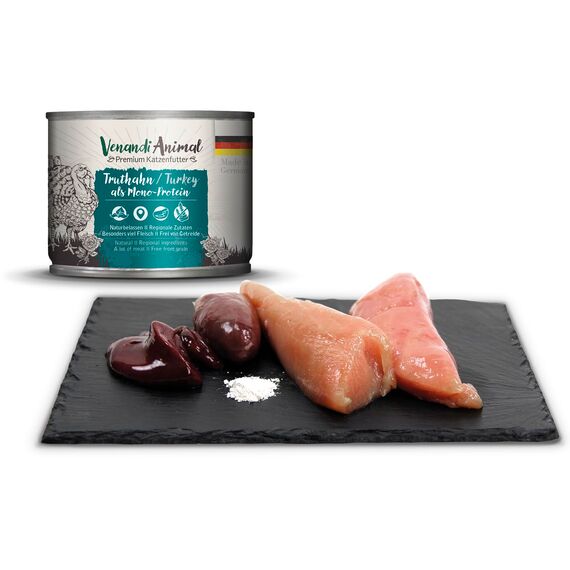 Venandi Animal Premium Nassfutter für Katzen, Probierpaket III, Huhn, Pute, Rind, Huhn + Kaninchen, Kalb, Truthahn, 6 x 200 g, getreidefrei und naturbelassen, 1.2 kg