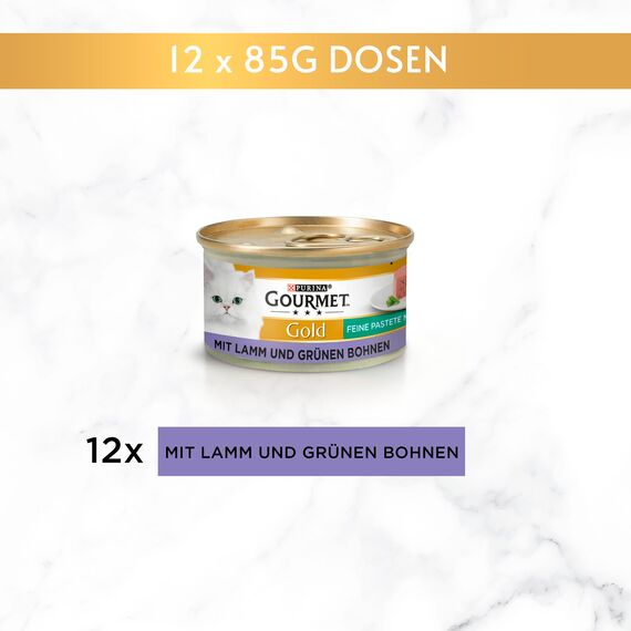 Gourmet Gold Feine Pastete mit Gemüse Katzenfutter nass, mit Lamm und grünen Bohnen, 12er Pack (12 x 85g)