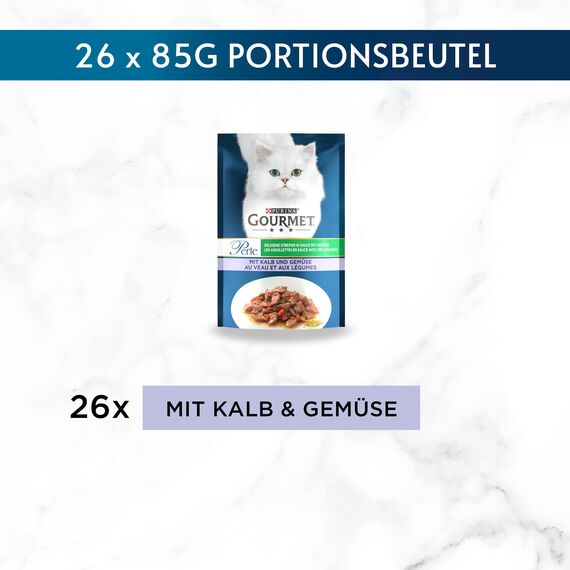 Gourmet Perle Erlesene Streifen mit Gemüse Katzenfutter nass, mit Kalb und Gemüse, 26er Pack (26 x 85g)