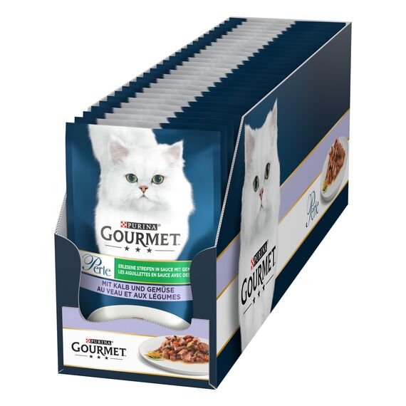 Gourmet Perle Erlesene Streifen mit Gemüse Katzenfutter nass, mit Kalb und Gemüse, 26er Pack (26 x 85g)
