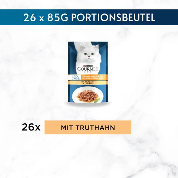 Gourmet Perle Erlesene Streifen Katzenfutter nass, mit Truthahn, 26er Pack (26 x 85g)