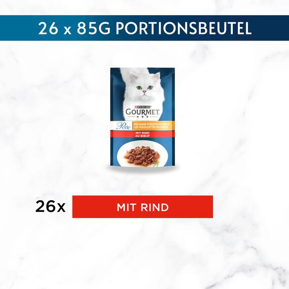 Gourmet Perle Erlesene Streifen Katzenfutter nass, mit Rind, 26er Pack (26 x 85g)