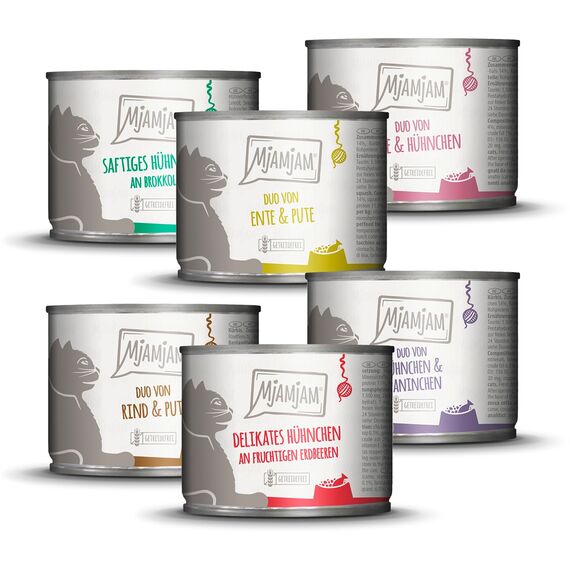 MjAMjAM - Premium Nassfutter für Katzen - Mixpaket 6 für deine Katze, 6er Pack (6 x 200 g), getreidefrei mit extra viel Fleisch